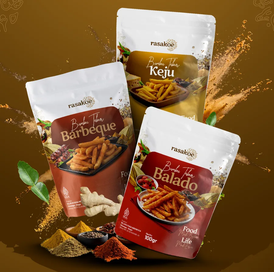 Kemasan Bumbu Tabur Rasakoe rasa Barbeque, Keju, dan Balado